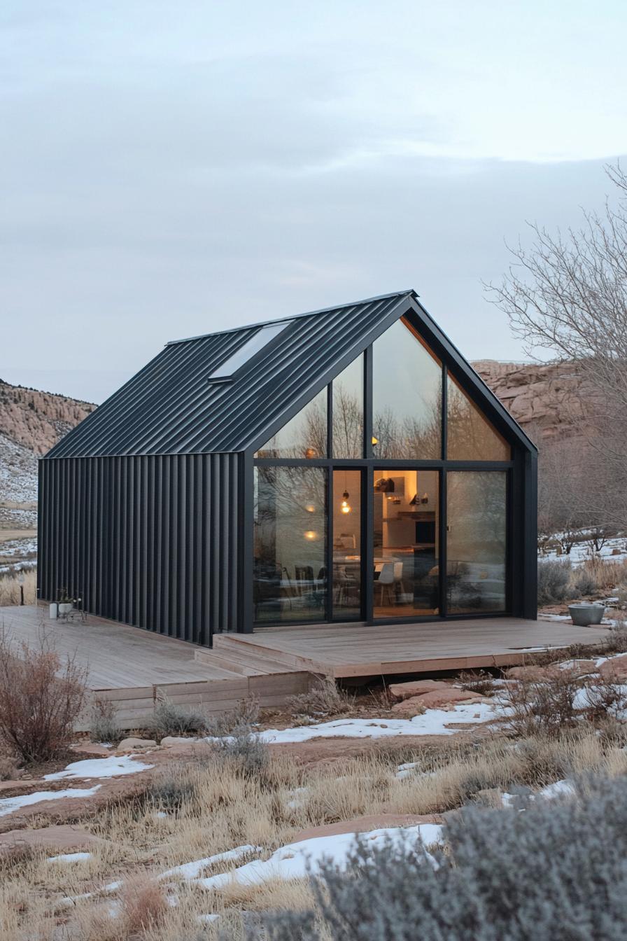 Small modern cabin with large glass windows and black metal siding