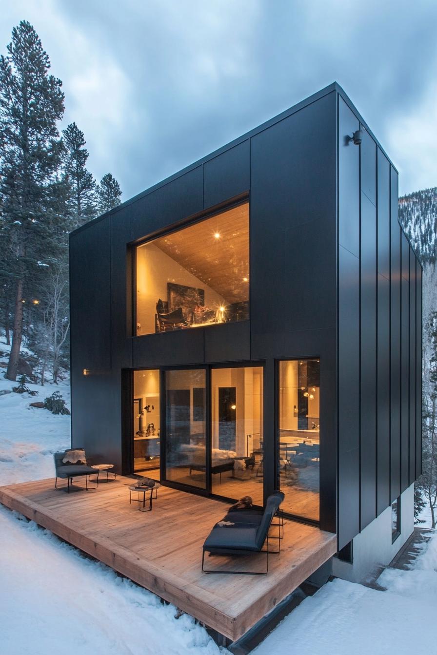 Modern metal house amidst snowy landscape