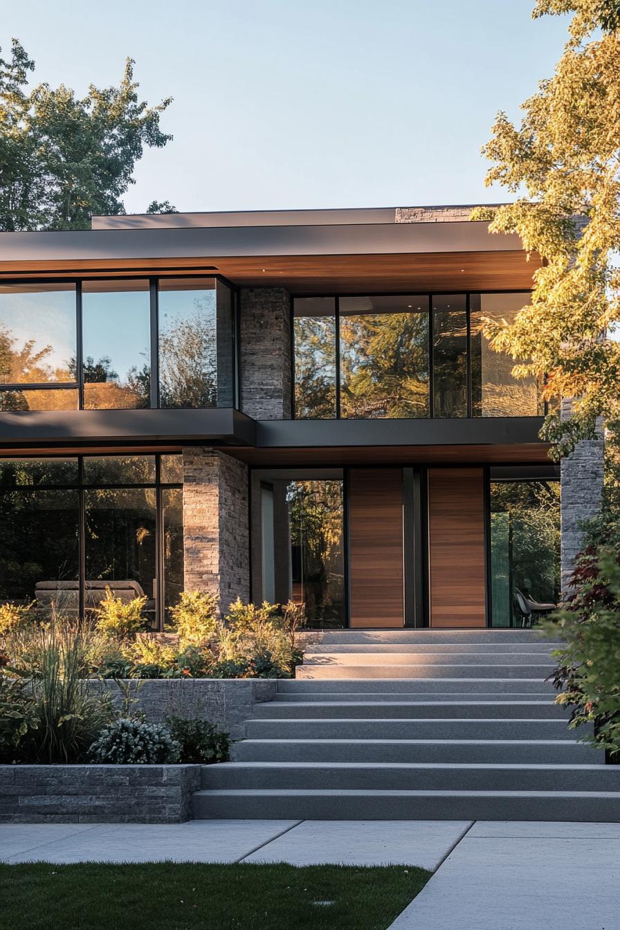 Contemporary house with large glass windows and stone accents