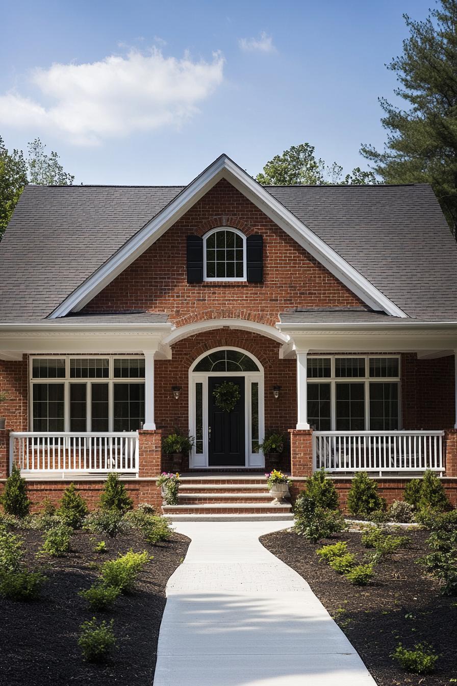 Charming red brick house with black shutters and inviting white porch