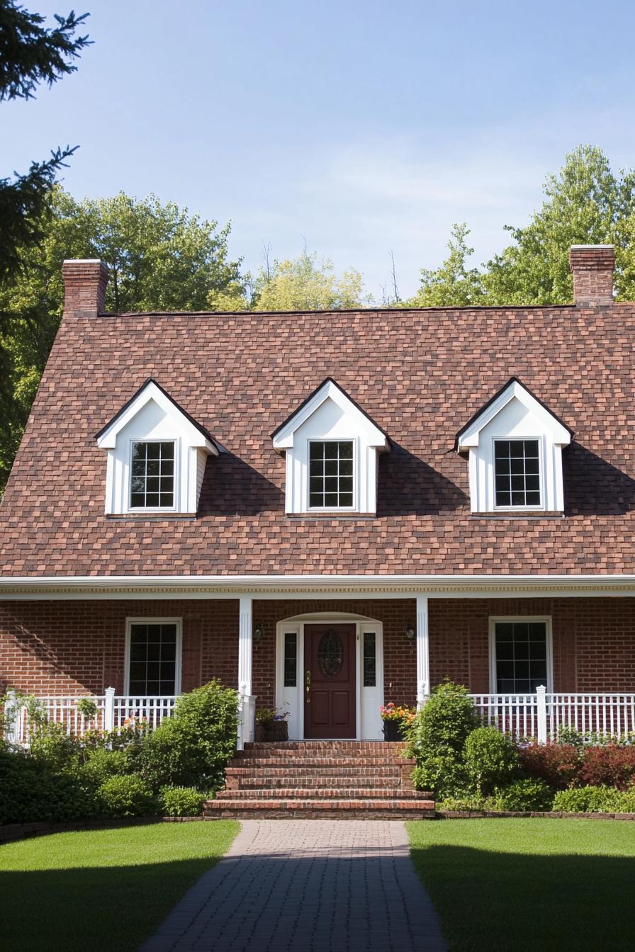 Charming brick house with gable roof and white picket fence