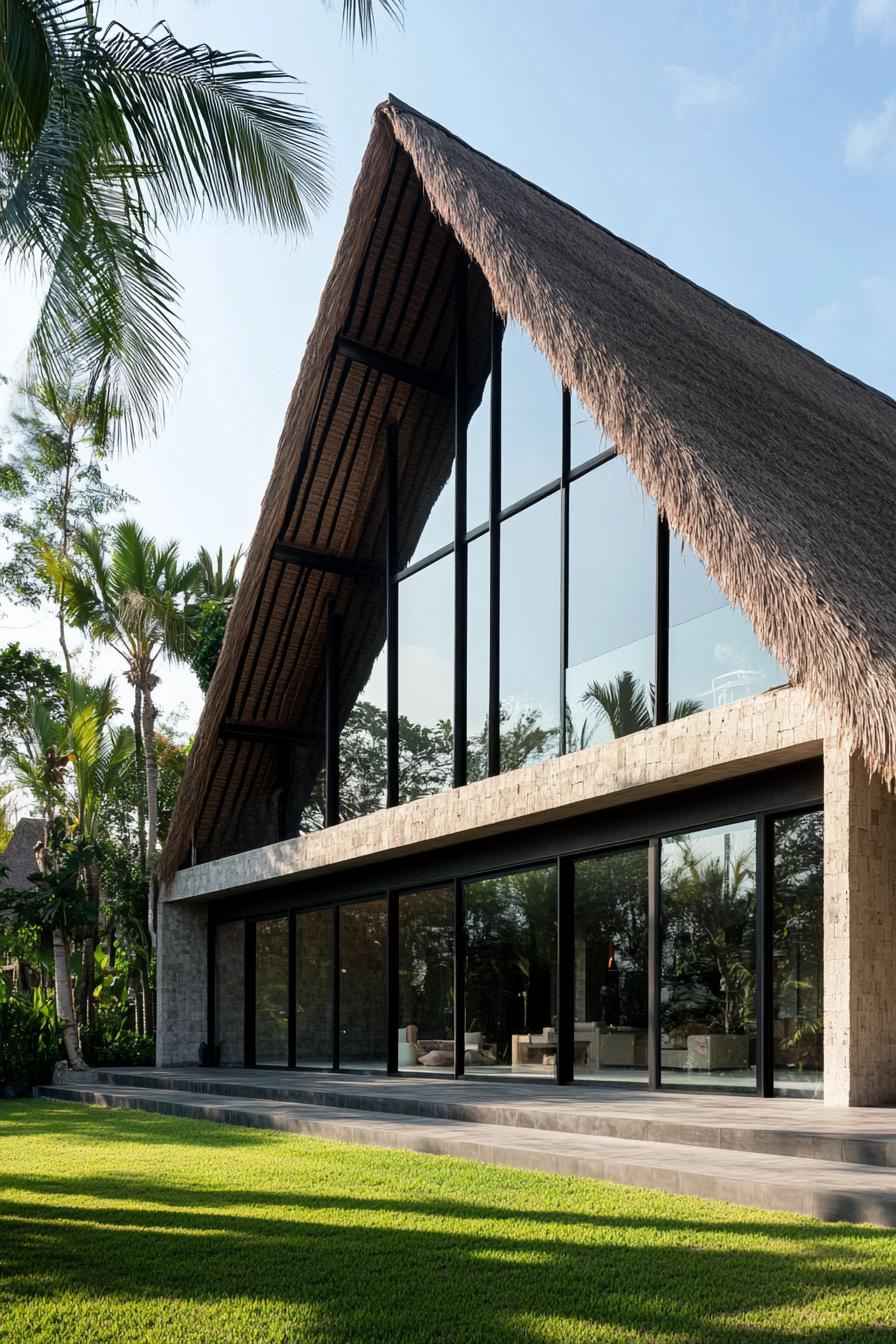 Modern house with a thatched roof and glass walls