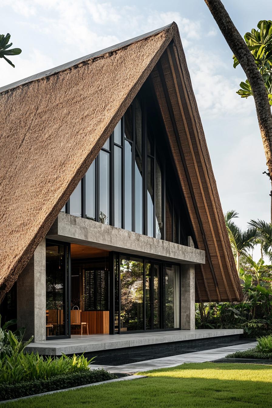 Bali house with slanted thatched roof and large windows