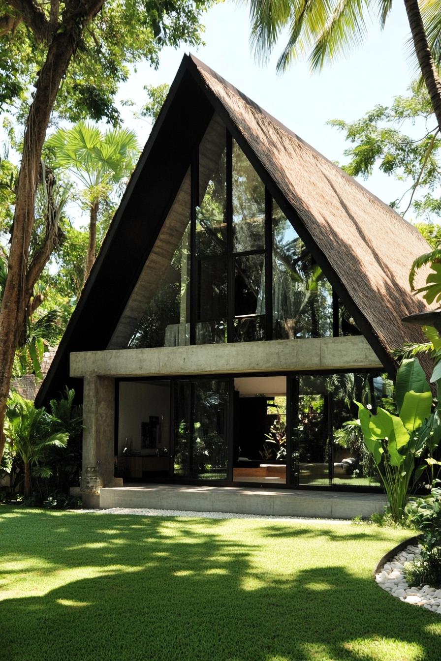 Tall A-frame house with glass walls surrounded by lush greenery