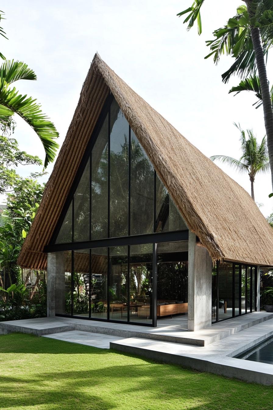 Modern glass and thatch Bali house with lush greenery