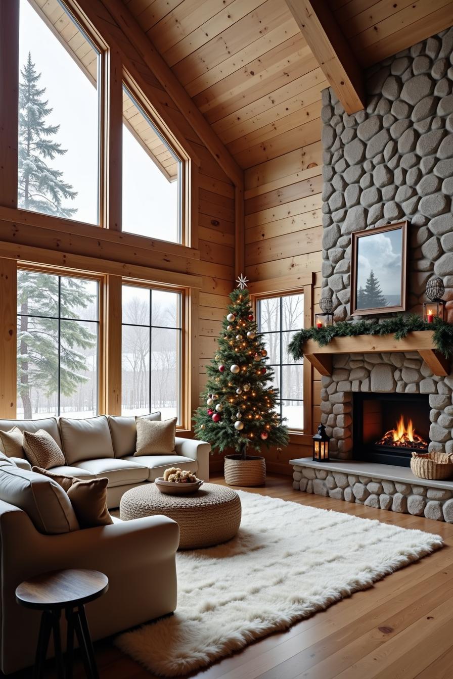 Warm cabin living room with stone fireplace and holiday decor