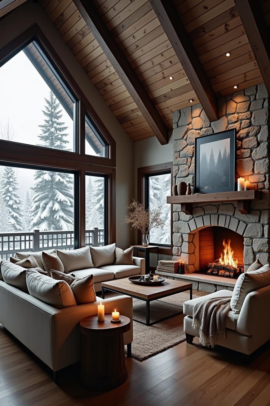 Cozy cabin living room with a fireplace, plush sofas, and snowy views