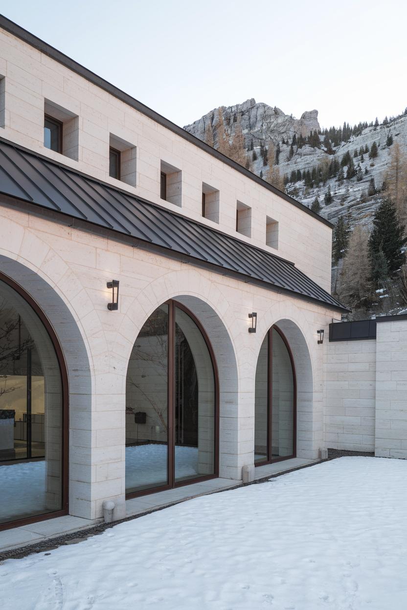 Exterior of a modern building with arched windows and mountain backdrop