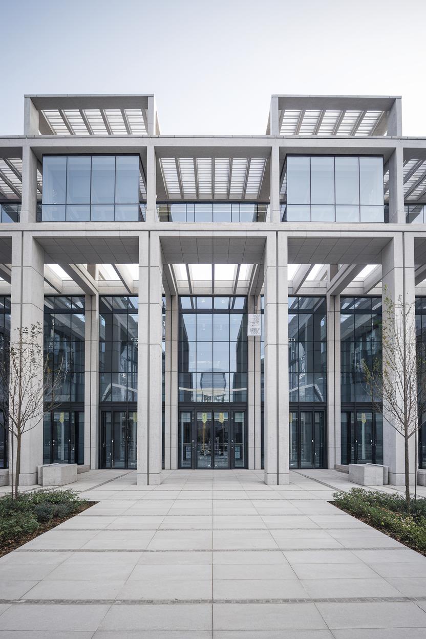 Contemporary building with glass and geometric arches