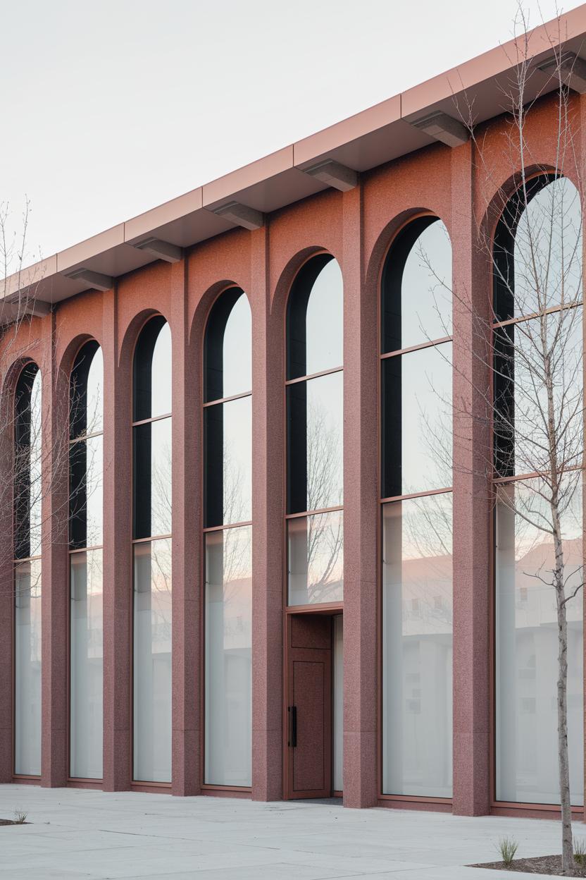 Modern building with tall arched windows and a soft pink facade