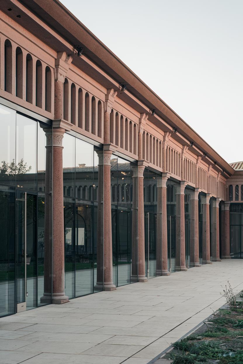 Modern arcade structure with glass and stone pillars