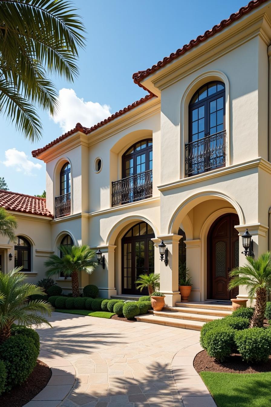 Luxury estate with arched windows and lush landscaping