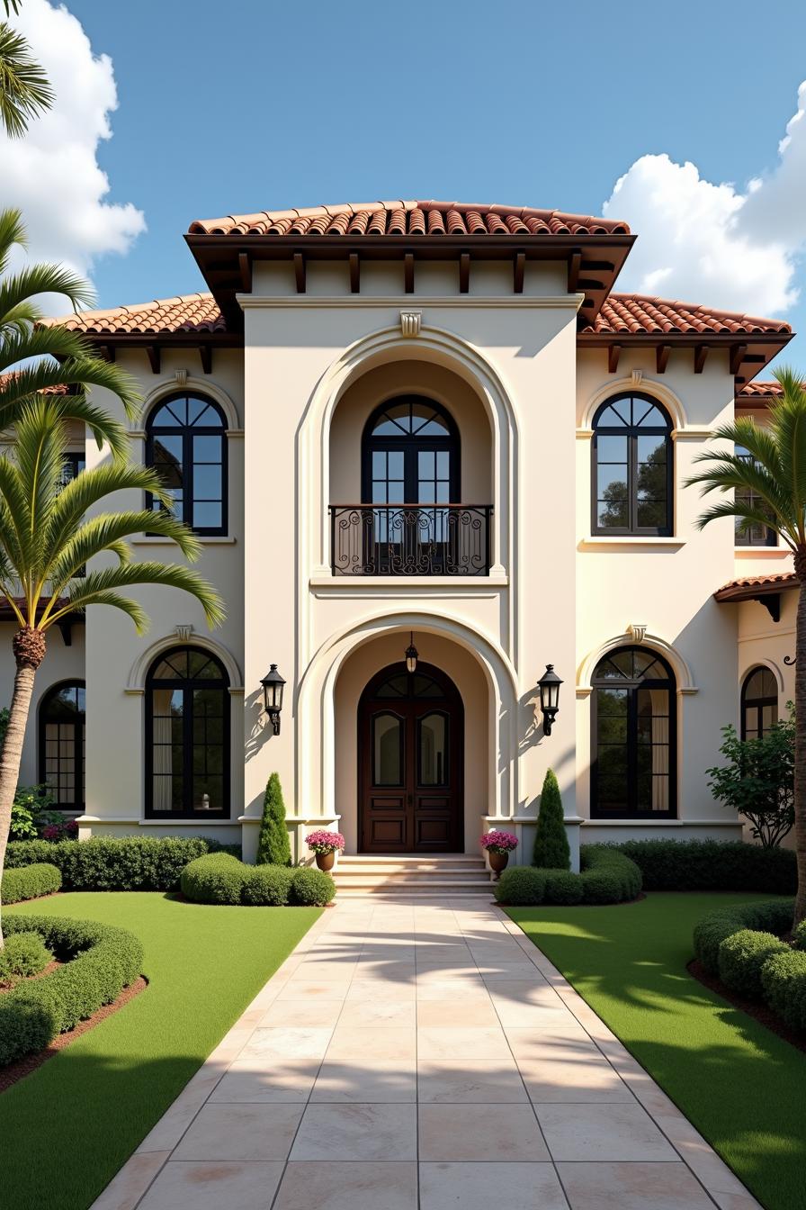 Mediterranean-style house with arched windows and clay roof tiles