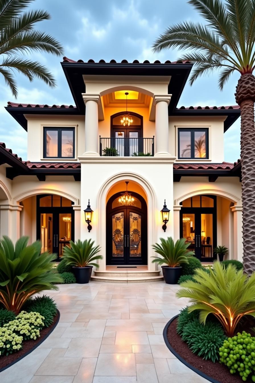 Luxurious house with palm trees and elegant entrance