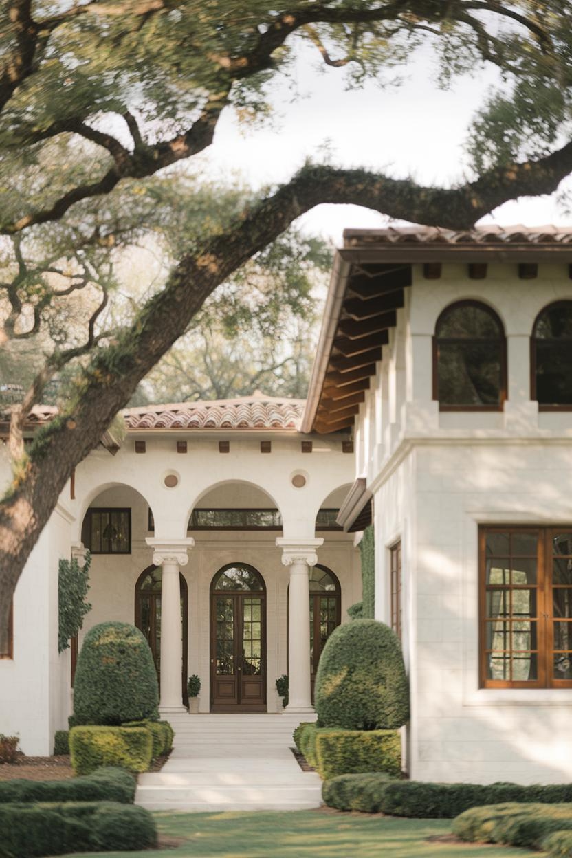 Mediterranean-style home with arched windows and manicured hedges