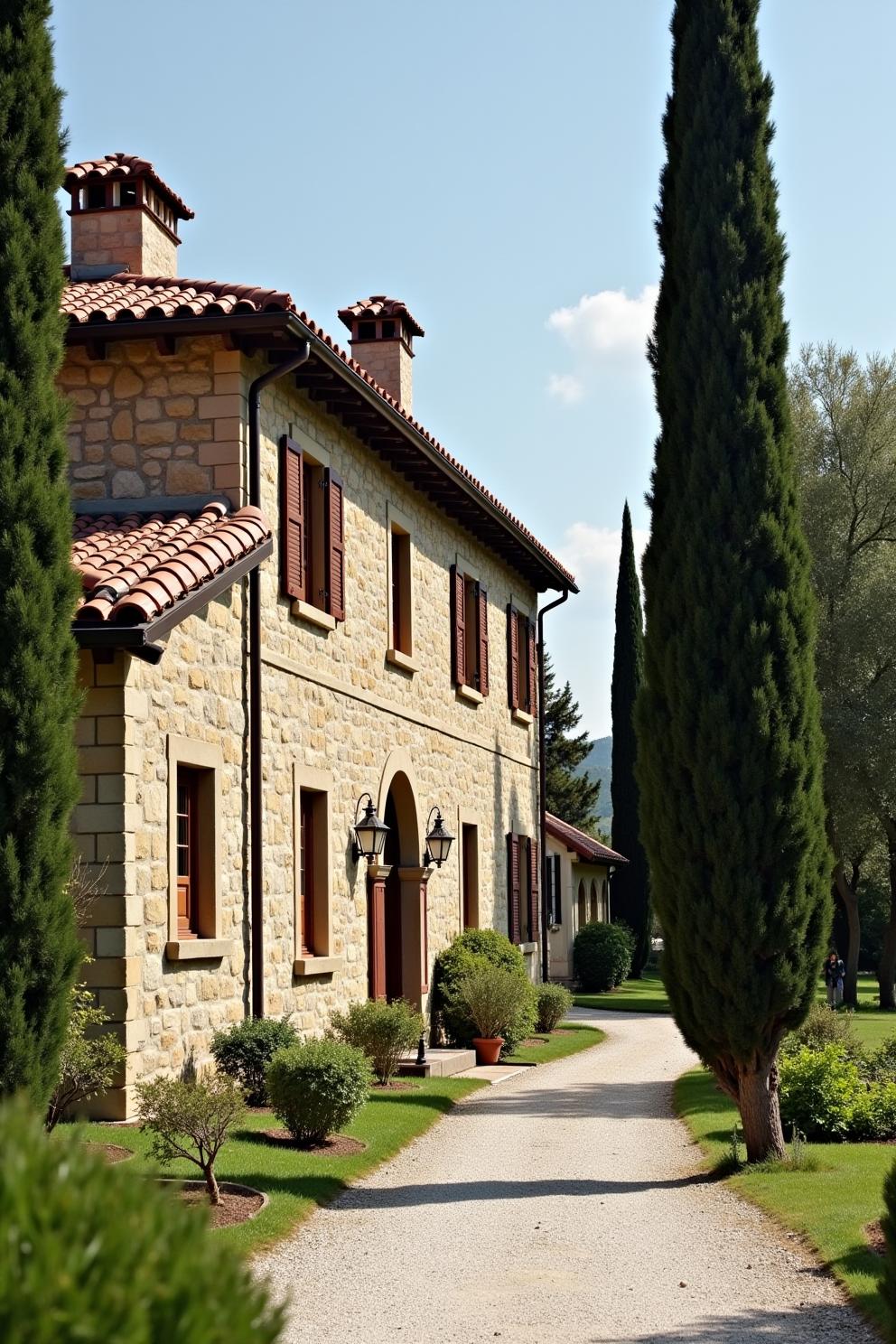 Charming stone villa with towering cypress trees