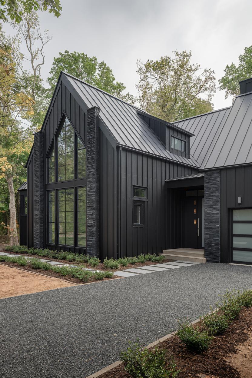 Large black contemporary house with a sloping roof and large windows