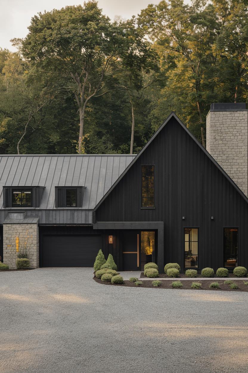 Sleek black house with tall trees, nestled in nature