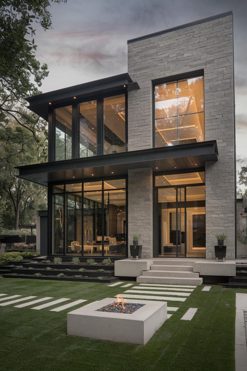 Modern two-story home with large windows and a fire pit in the yard