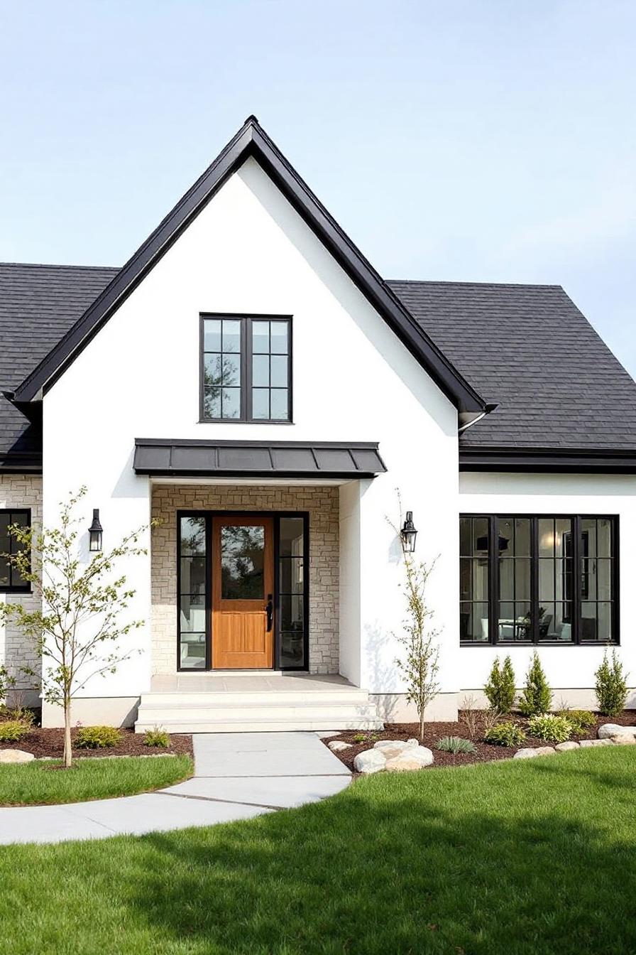 A modern white house with a gable roof and large windows