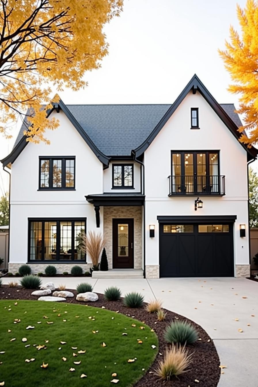 Modern suburban house with white walls and black accents