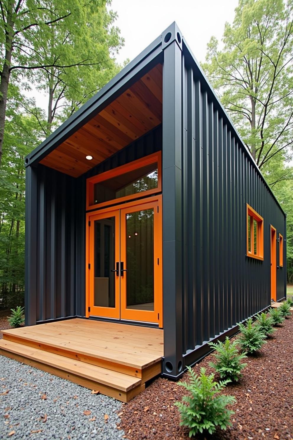 Small black container house with bright orange trim surrounded by trees