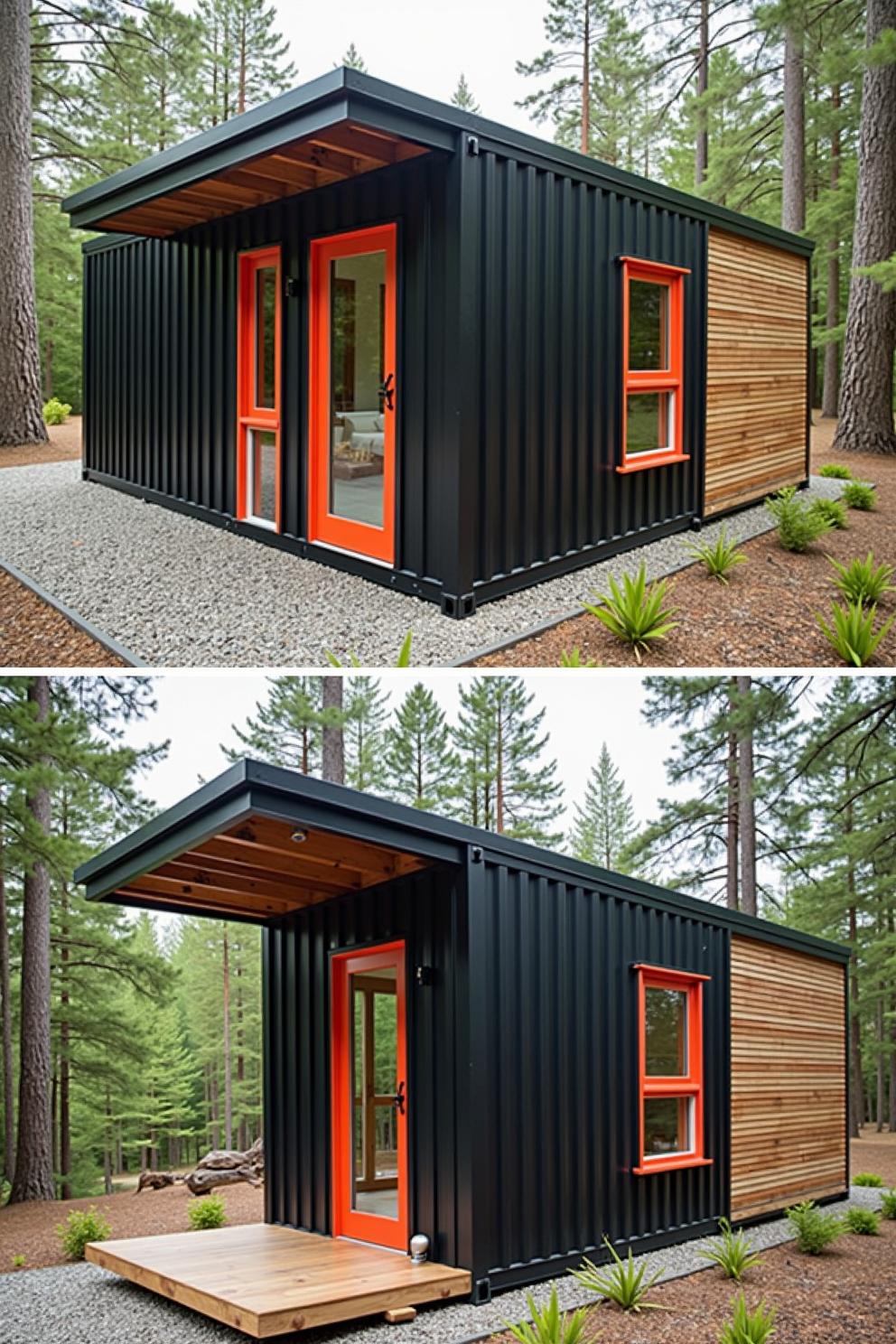 Compact container house with orange accents in a forest setting