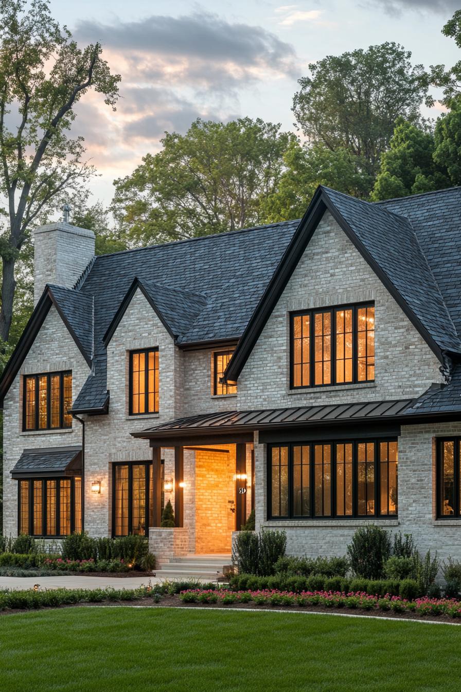 Large stone house with black-trimmed windows and a cozy glow