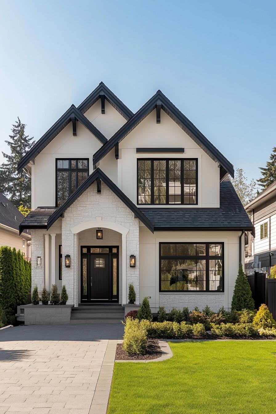 Modern suburban house with white facade and black trim