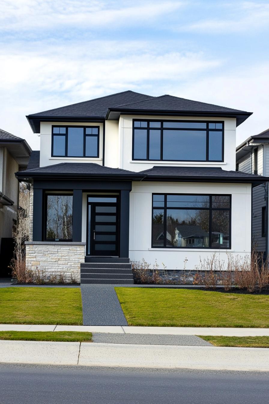 Modern two-story house with a stark black-and-white facade