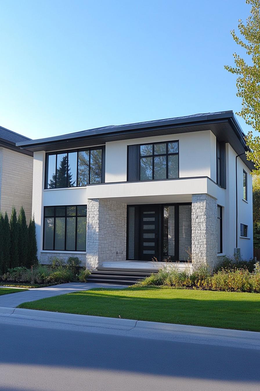 Modern suburban house with large windows and stone facade