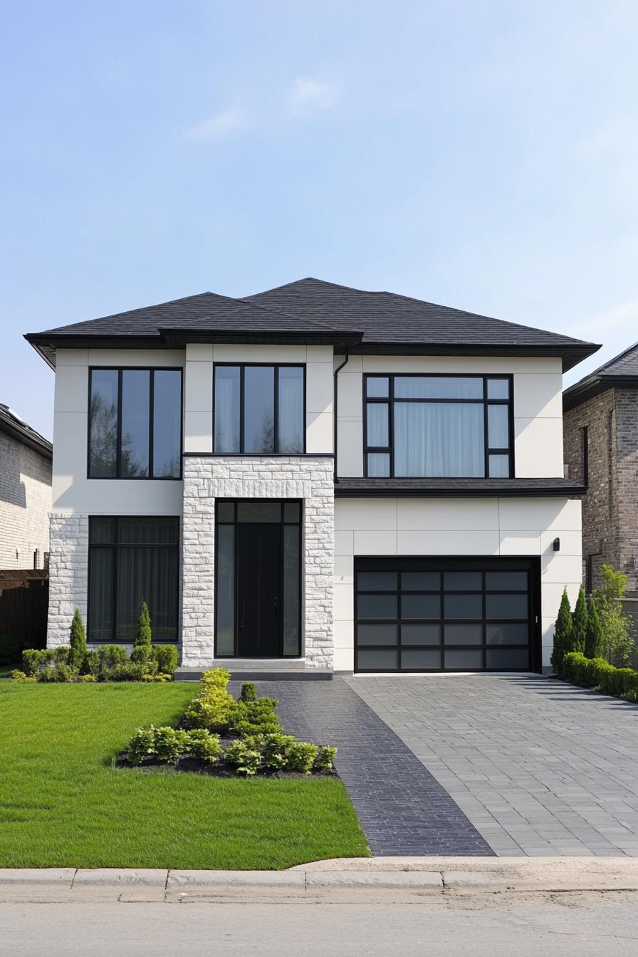 A modern suburban house exhibiting a blend of contemporary and traditional architecture is characterized by its white facade with contrasting dark