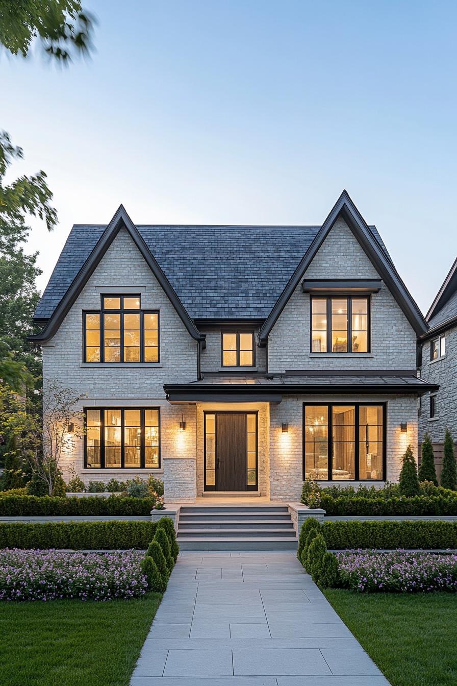 Modern suburban house with gabled roof, lit windows, and manicured garden