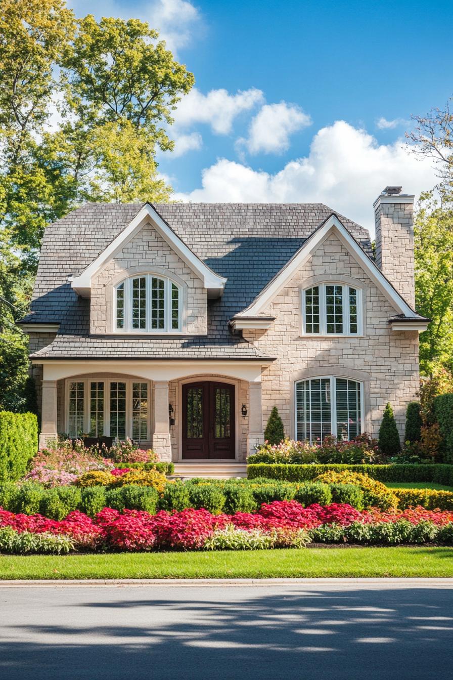 Charming suburban house with stone facade and lush garden