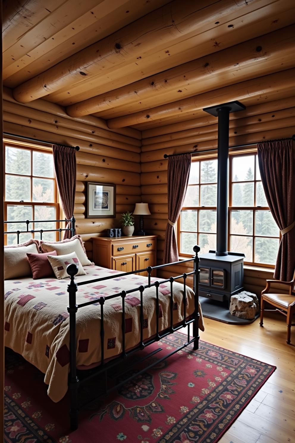 Cozy cabin bedroom with a wood-burning stove