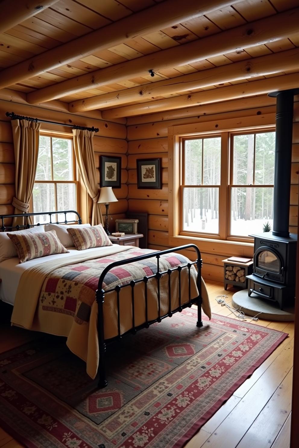 Rustic wooden cabin bedroom with a classic stove and quilted bed