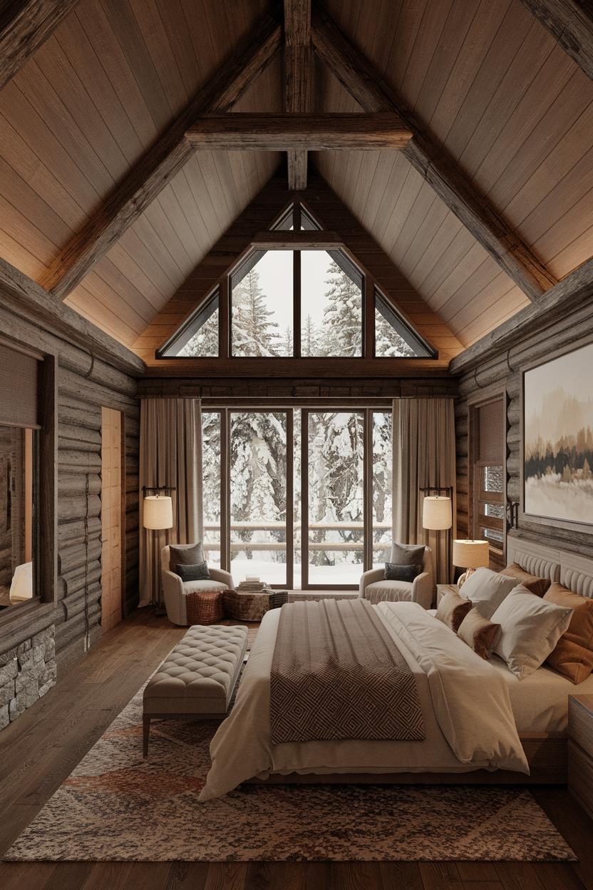 Warm cabin bedroom with large windows overlooking snowy trees