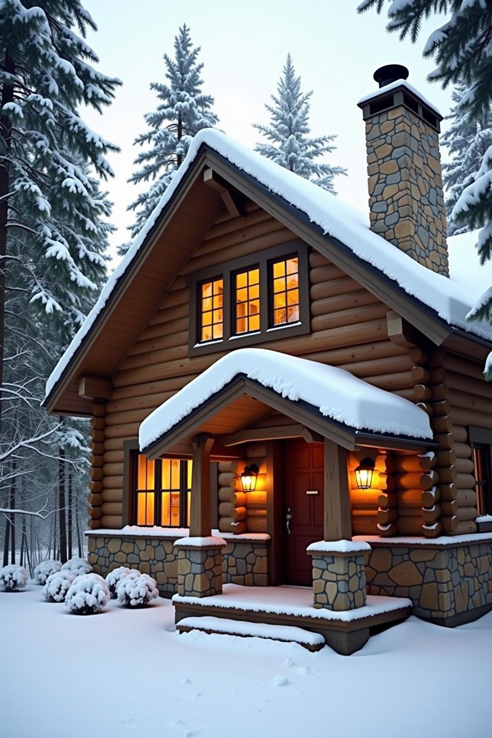 Rustic cabin surrounded by snow and trees