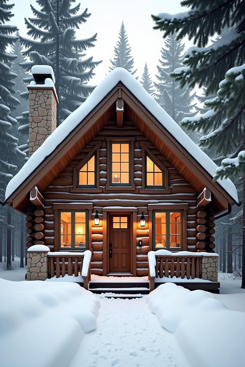 Log cabin surrounded by snow and pine trees