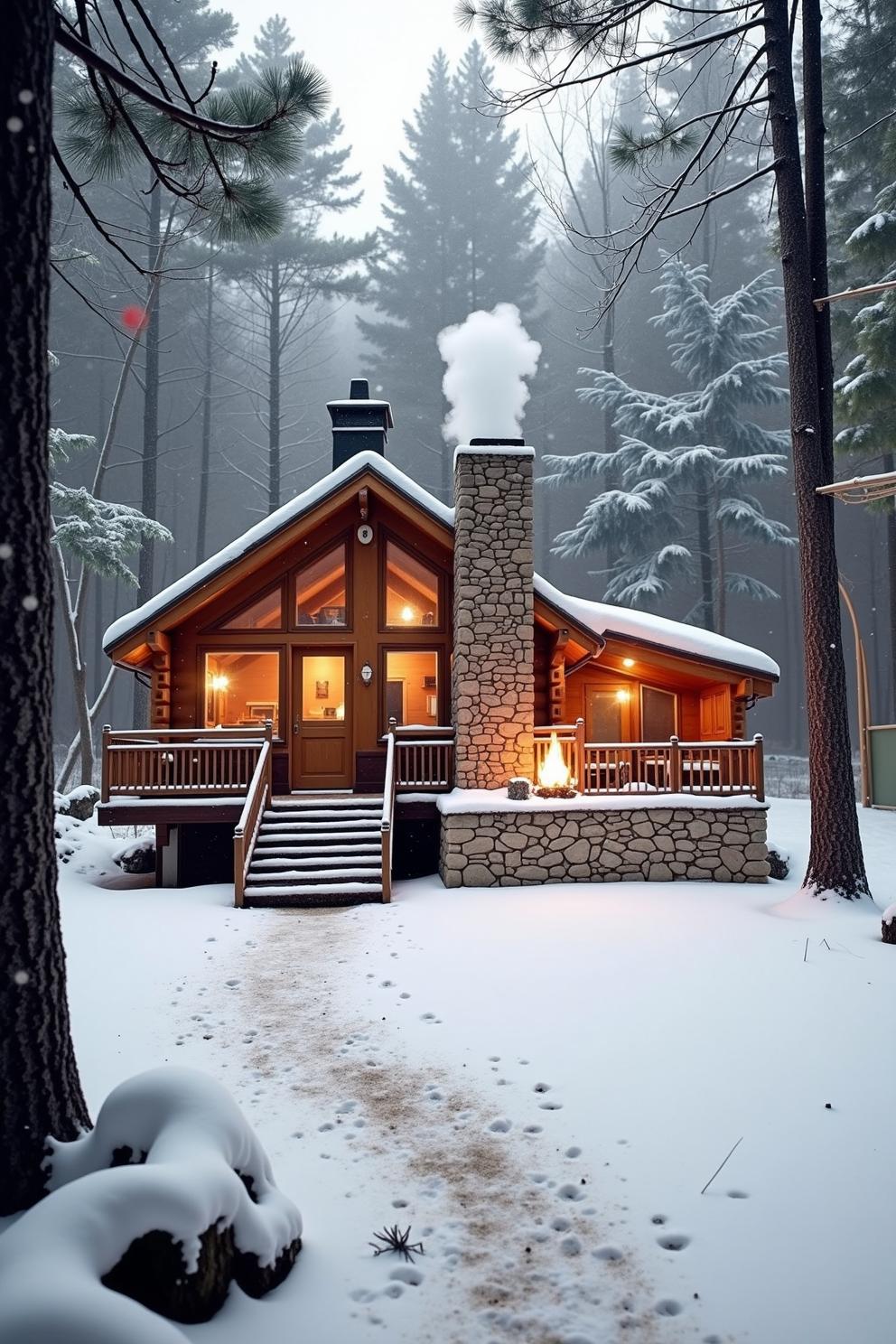 Snow-covered cabin with a glowing chimney in a forest setting