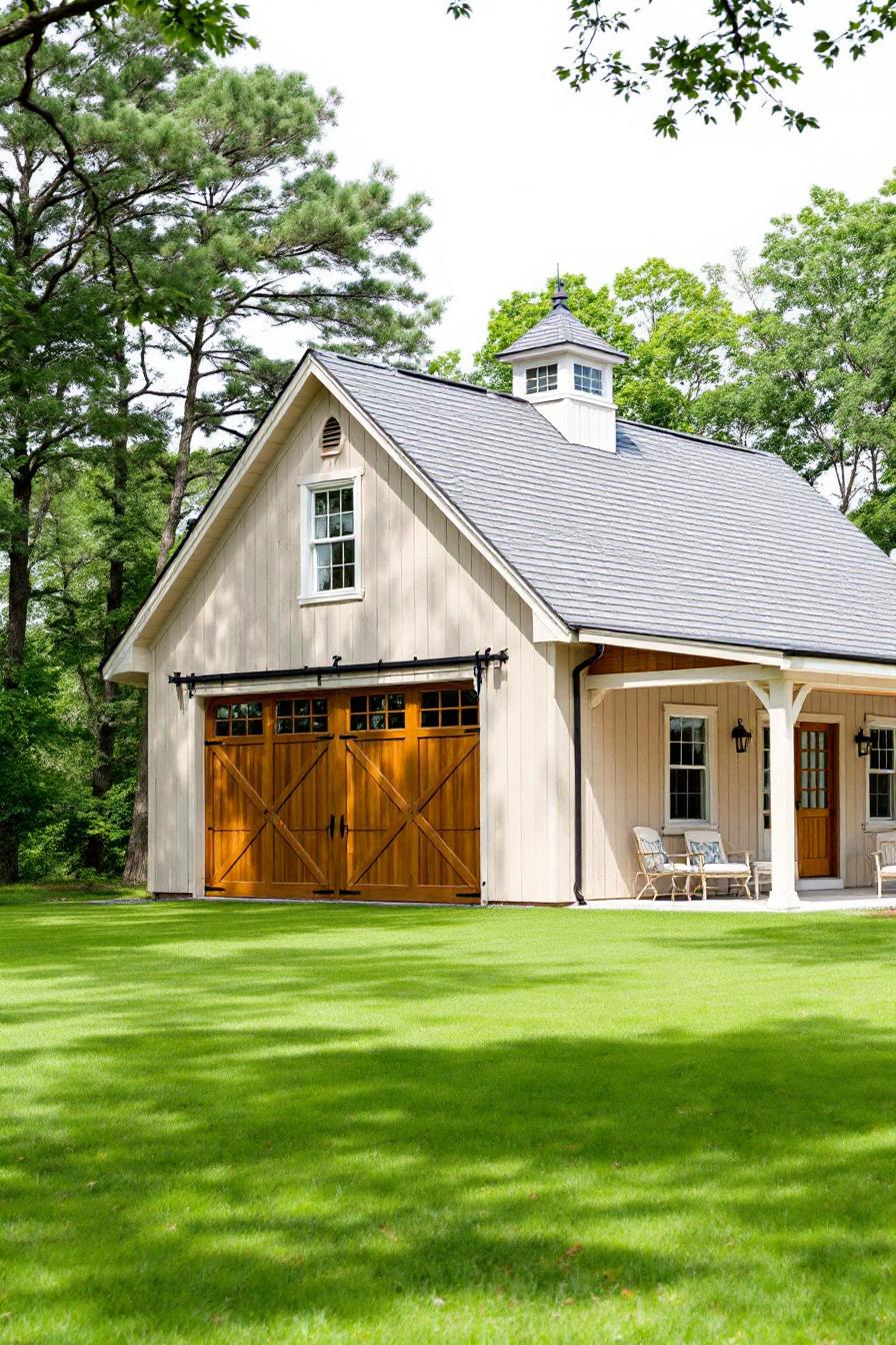 Charming beige garage house with wooden doors