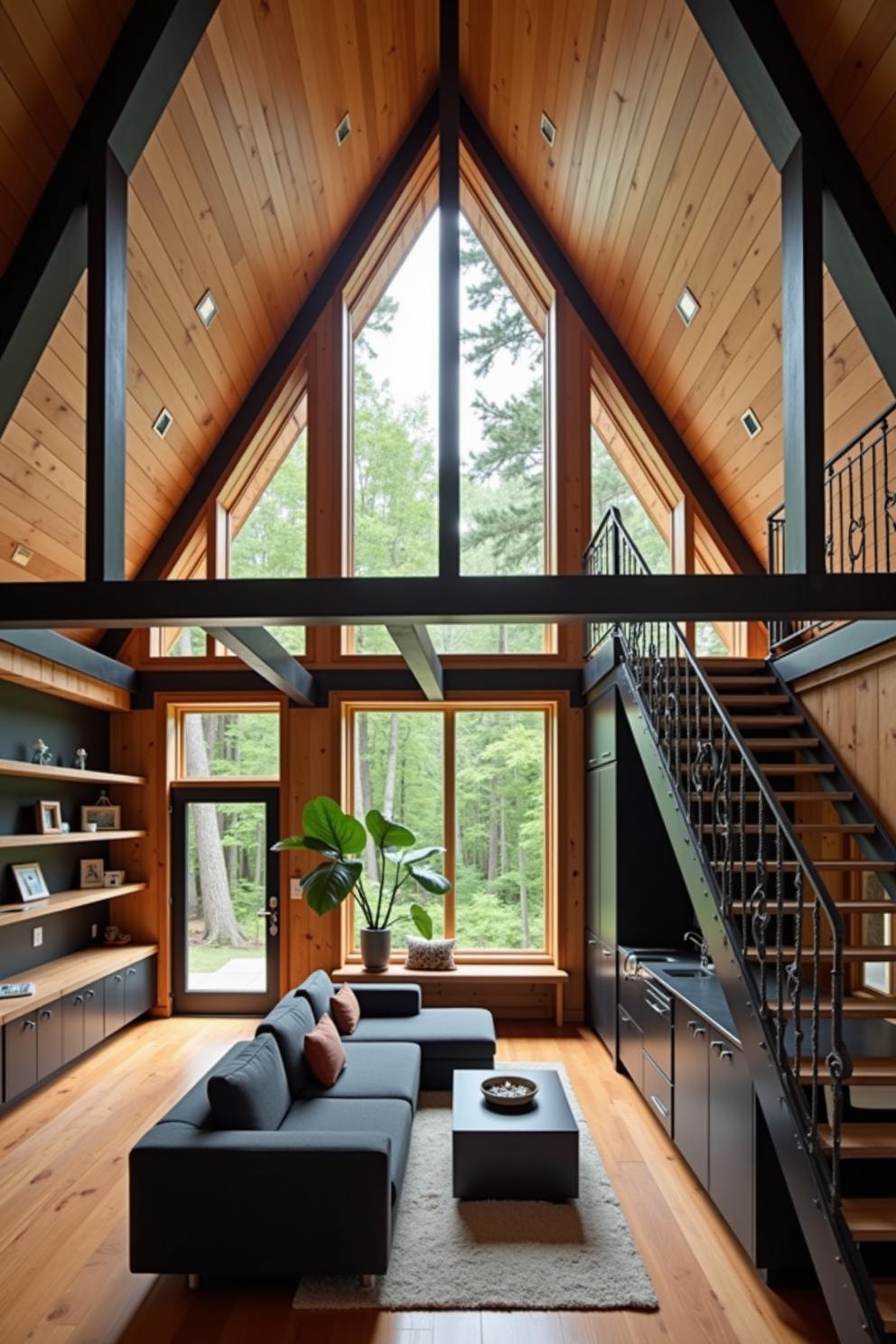 Cozy loft with large triangular windows and wooden interior