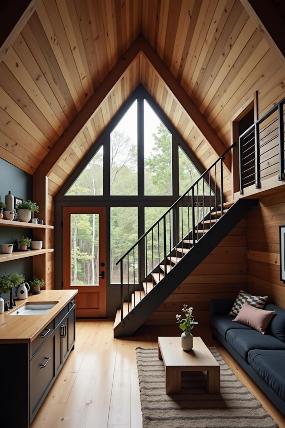 Cozy loft interior with wood accents and large windows