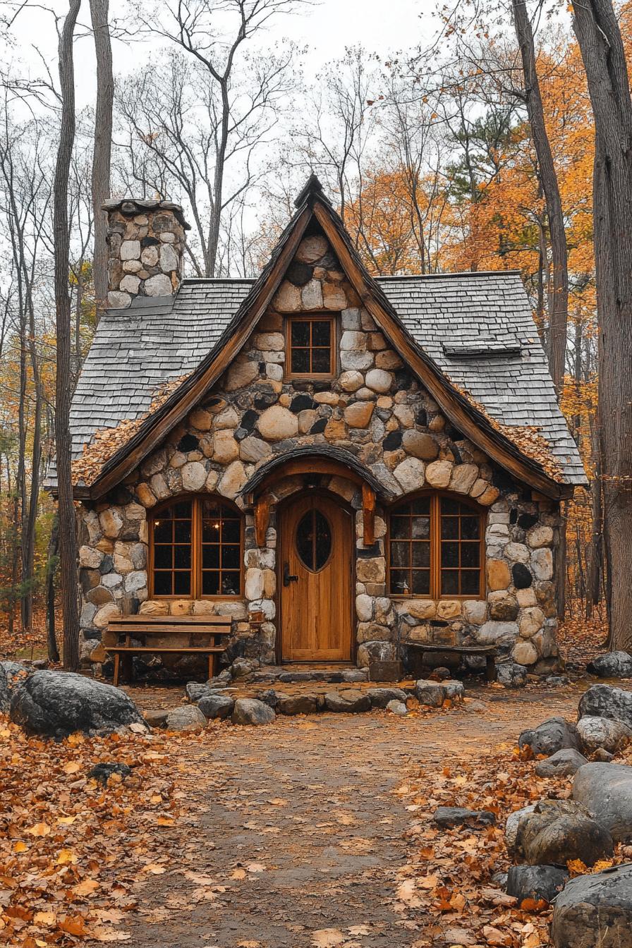 Charming stone cottage nestled in an autumn forest