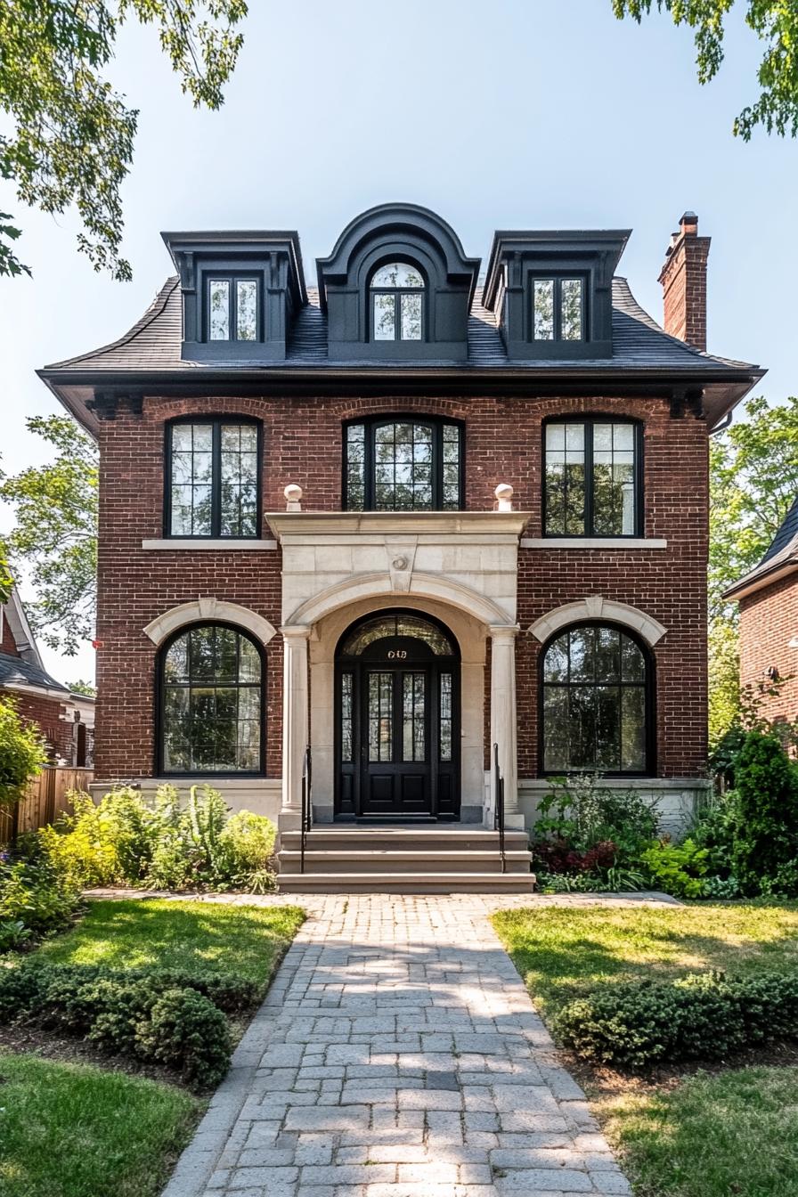 Classic brick house with three gabled dormers and a charming walkway