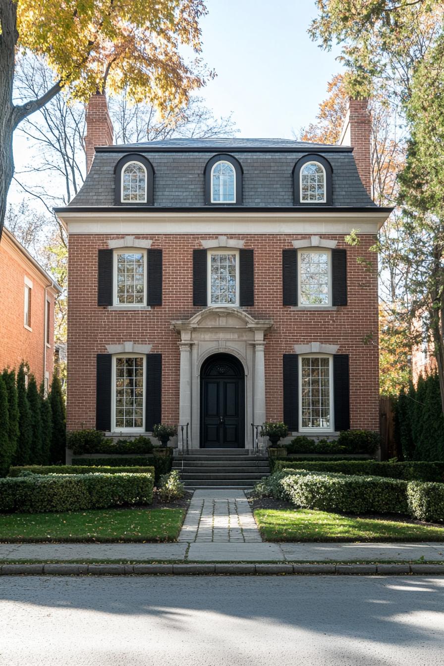 Classic brick house with black shutters and arched windows