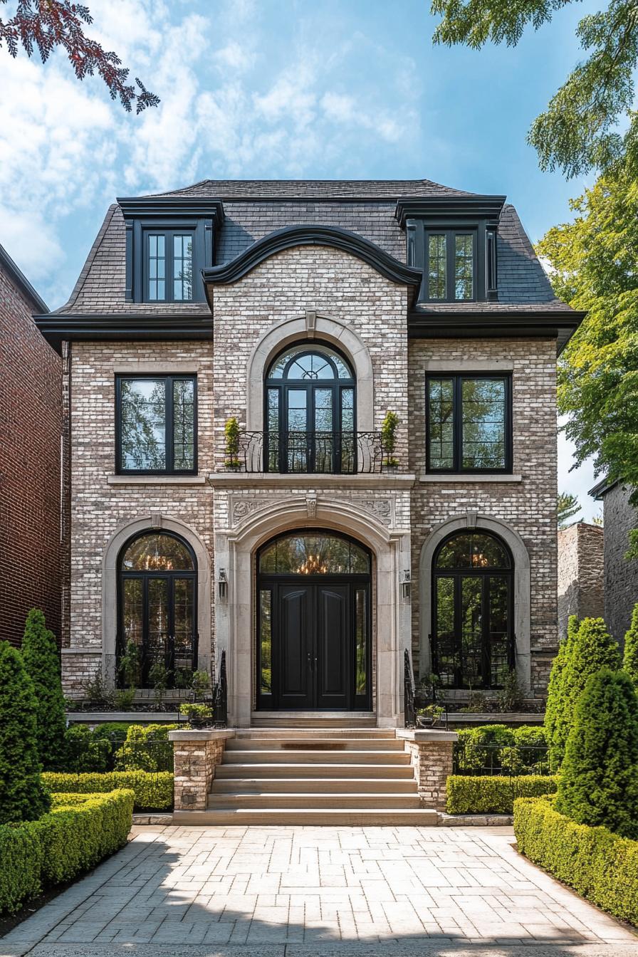 Elegant brick house with arches and greenery