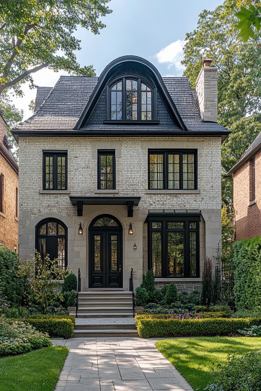 Classic stone house with black accents and lush greenery