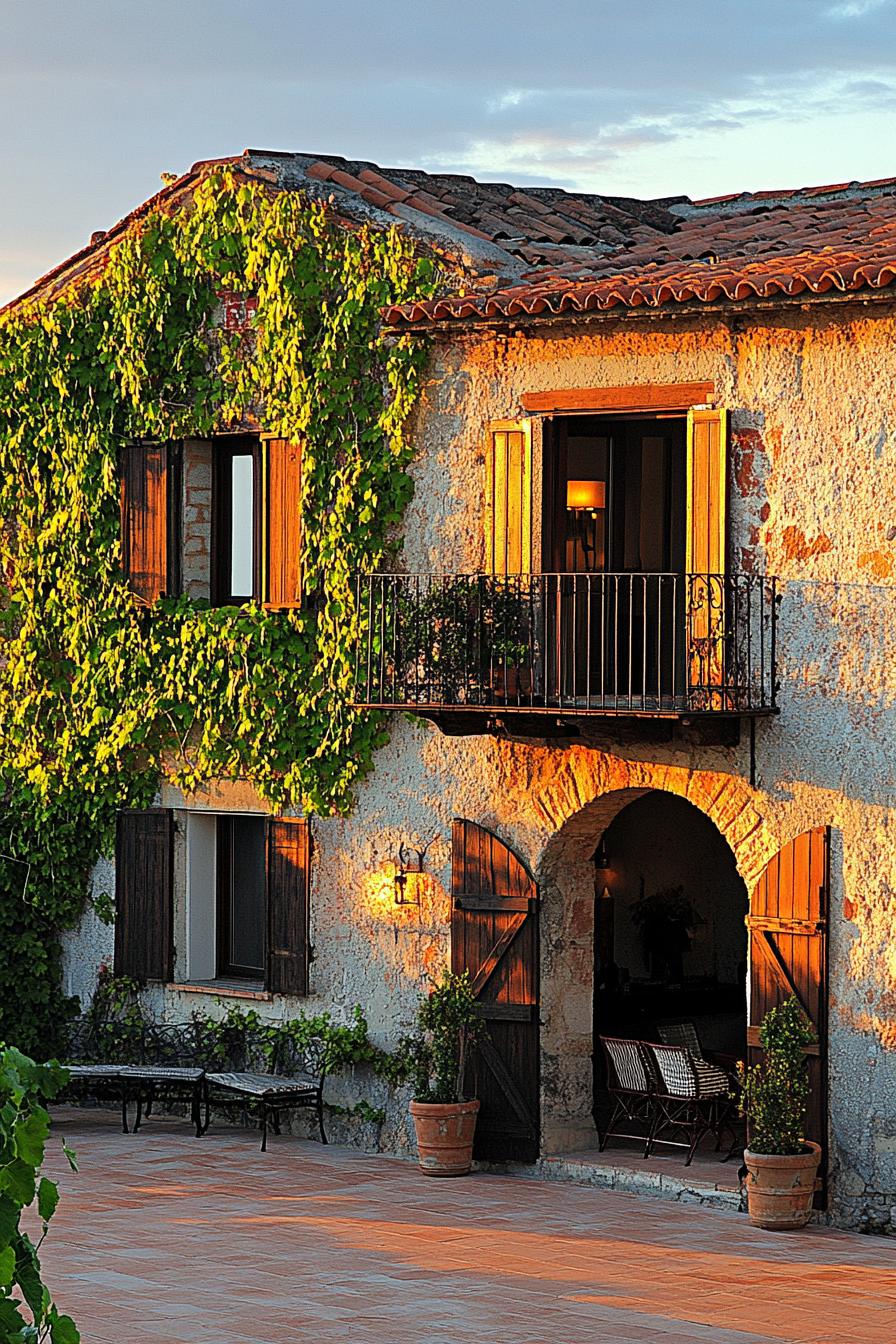 Stone house with ivy and charming balcony basking in warm sunlight