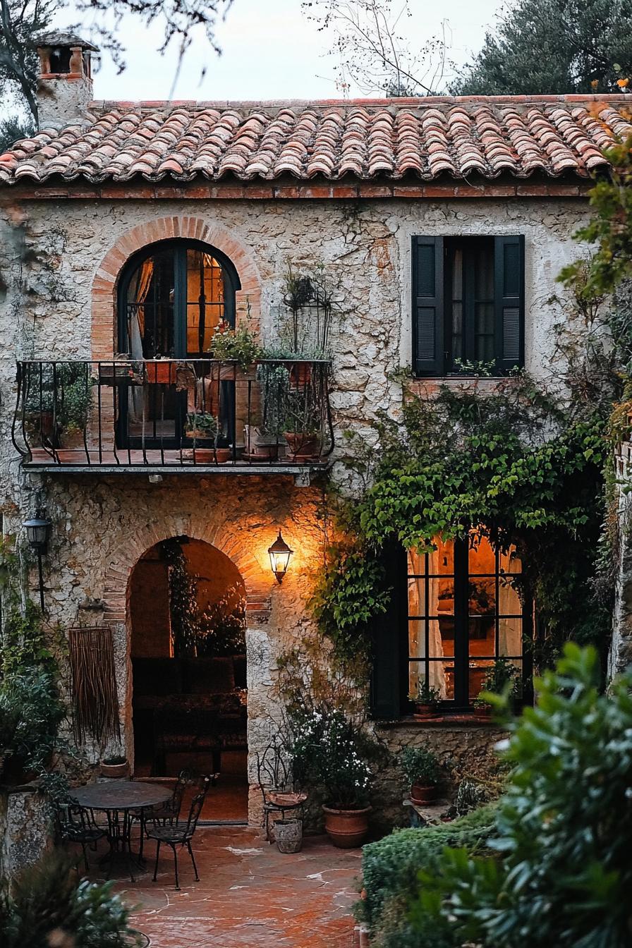 Old stone house with vines and outdoor seating